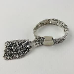 VTG Monet Adjustable Slide Bracelet Silver Tone Signed Tassels Herringbone Dangl